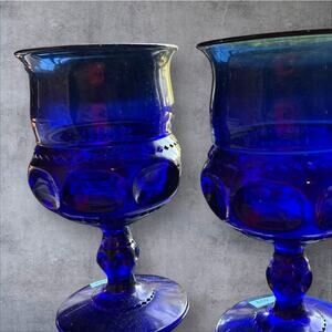 Set of 2/vtg Indiana Glass Cobalt Blue Kings Crown Thumbprint Water Wine Goblet